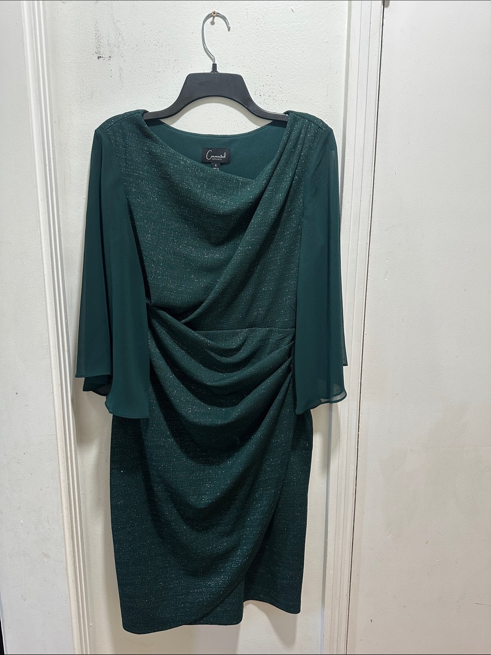 Connected Apparel Emerald Green Draped Midi Dress with Flutter Sleeves
